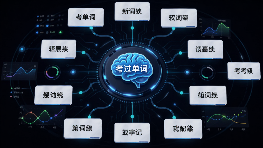 AI生成图片,主体为“考过单词”软件的记忆算法示意图,布局为中央大脑图标连接单词卡片,排版呈放射状,风格科技感,细节包括数据节点与曲线图,画质高清干净,无多余元素