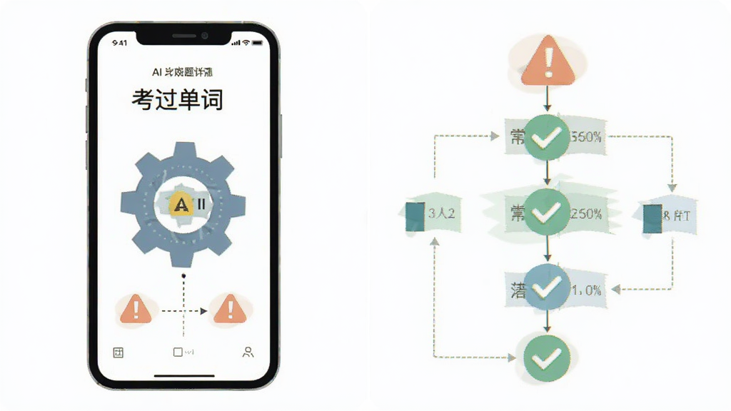 AI生成图片,“考过单词”手机界面与常见问题解决流程图,主体为手机与齿轮图标,布局为左右分栏,风格扁平化,细节有警告标志与对勾,画质高清干净,无多余元素