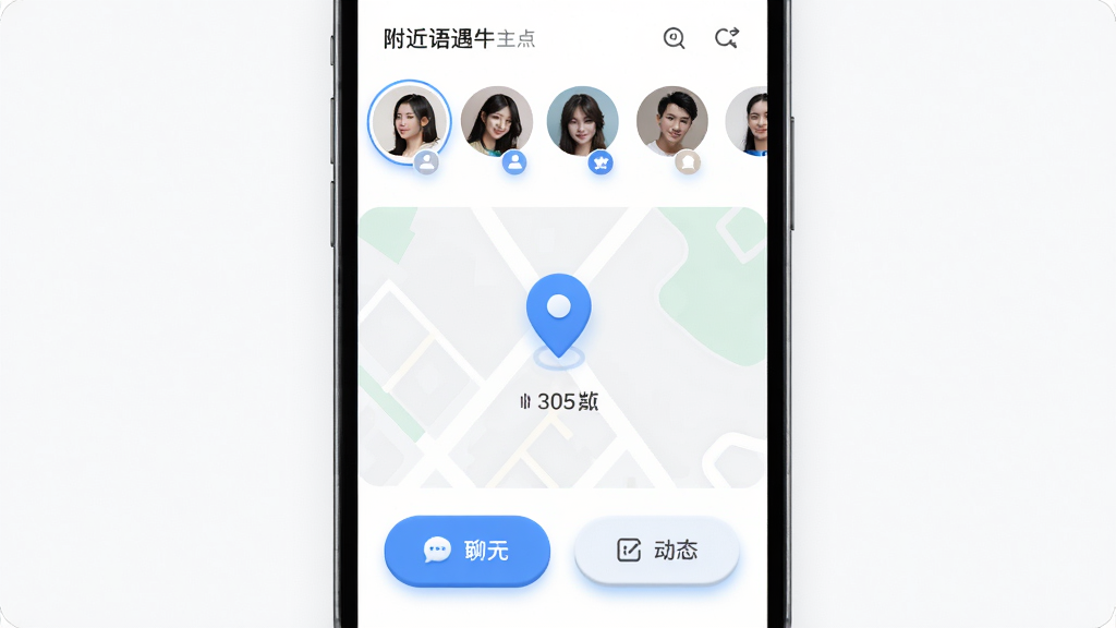手机屏幕中央显示附近语遇软件主界面,上方是附近用户头像排列,中间有地图定位标记和距离显示,下方是聊天与动态按钮,整体布局简洁清晰,风格现代清新,细节包括头像圆润、按钮有轻微立体感,画质高清,画面干净,无多余元素