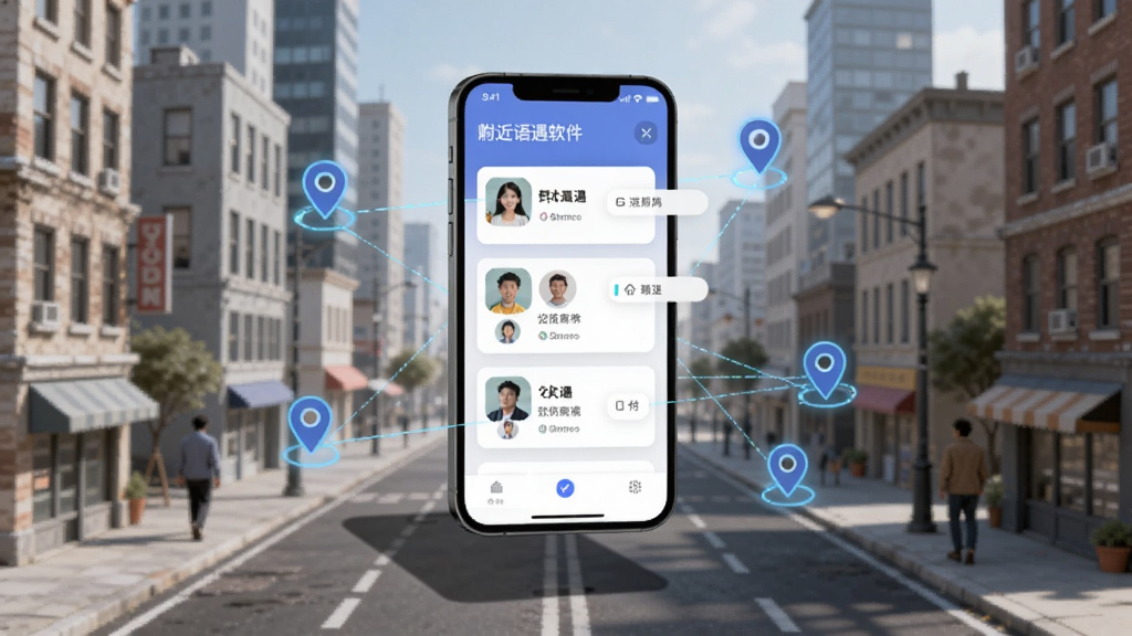 一张以城市街区为背景的示意图,画面中央是附近语遇软件界面悬浮在手机上方,界面中显示多个用户头像卡片和距离标签,周围有定位光圈和连接线条,风格科技感与生活感结合,细节包括街道建筑、手机阴影、头像清晰,画质干净,无多余元素