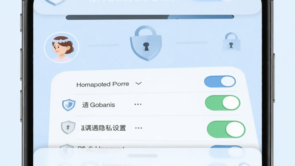 附近语遇隐私设置页面示意图,手机屏幕显示多个开关选项和盾牌图标,背景是淡蓝色调,画面中有锁形图案和用户头像,风格安全可靠,细节包括开关按钮、文字标签清晰,画质干净,无多余元素