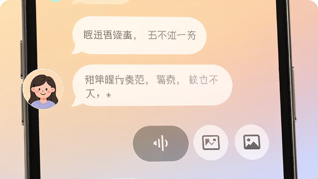 附近语遇聊天界面特写,手机屏幕内显示对话气泡、语音按钮和图片发送图标,背景是柔和的渐变色调,画面中有两个用户头像分别位于左右两侧,风格温馨友好,细节包括气泡圆角、按钮图标清晰,画质高清,画面干净,无多余元素