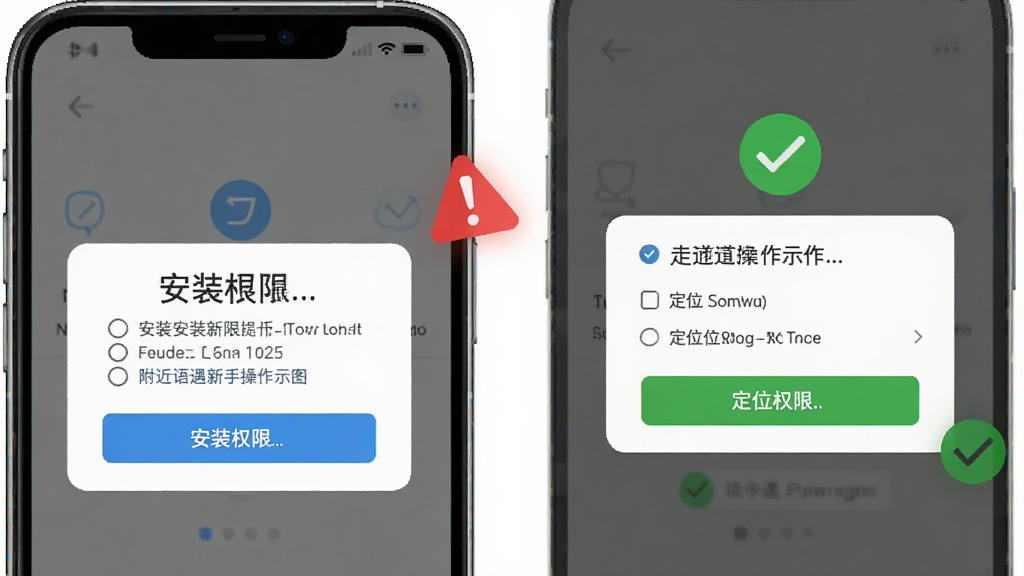 附近语遇新手操作示意图,手机屏幕显示安装权限提示和定位权限弹窗,旁边有红色警示图标和绿色勾选标记,风格简洁明了,细节包括按钮文字、权限选项清晰,画质干净,无多余元素