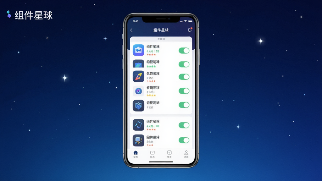 一张展示组件星球软件主界面的横版图片,画面中央是手机屏幕,屏幕内显示组件星球APP的清爽UI,列表展示多个应用组件及其状态开关,背景为深蓝色星空渐变,点缀少量星光,整体风格科技简约,排版居中对称,细节清晰,画质干净,无多余元素,图片中打文字“组件星球”