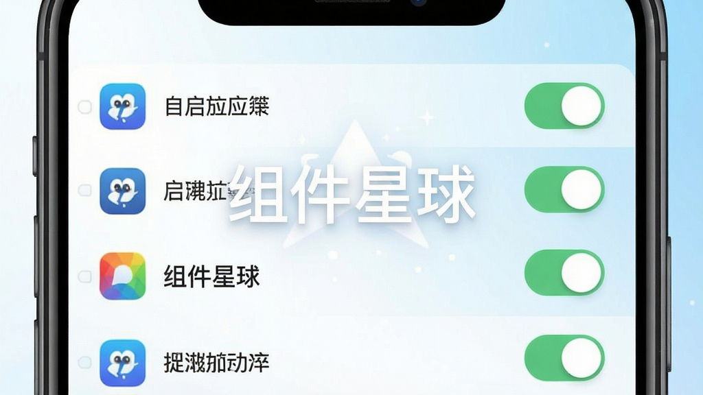 一张展示组件星球自启管理功能的图片,画面为手机屏幕,屏幕内显示自启应用列表,每个应用名称旁有开关控件,背景为白色与浅蓝色渐变,排版整齐,风格清新,细节清晰,画质干净,无多余元素,图片中打文字“组件星球”