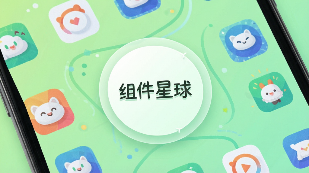 一张展示组件星球一键优化功能的图片,画面为手机屏幕,屏幕中央显示一个醒目的圆形优化按钮,周围环绕着多个应用图标,背景为浅绿色渐变,排版简洁,风格轻快,细节清晰,画质干净,无多余元素,图片中打文字“组件星球”