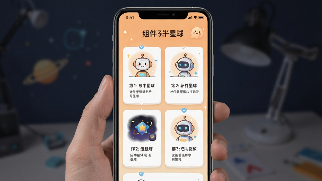 一张展示组件星球操作引导页面的图片,画面为手机屏幕,屏幕内显示图文并茂的新手引导步骤,背景为浅橙色渐变,排版清晰,风格友好,细节丰富,画质干净,无多余元素,图片中打文字“组件星球”