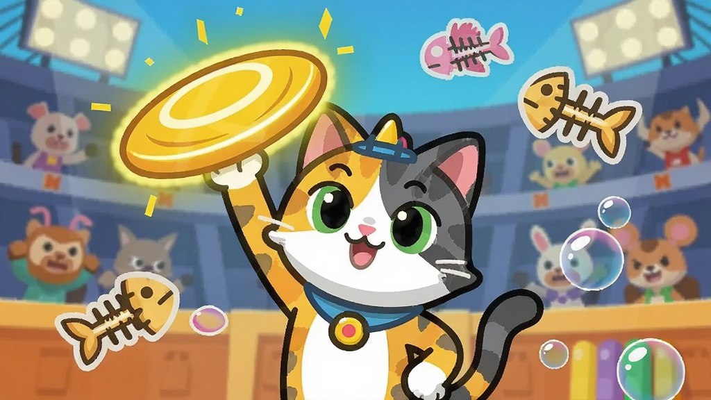 一只猫咪角色在卡通竞技场中举起一个发光的金色飞盘,周围漂浮着鱼骨头和彩色泡泡,背景是带有观众席的圆形场地,风格为明快的矢量卡通,主体居中,细节丰富但整洁,画质清晰,画面中不出现文字。