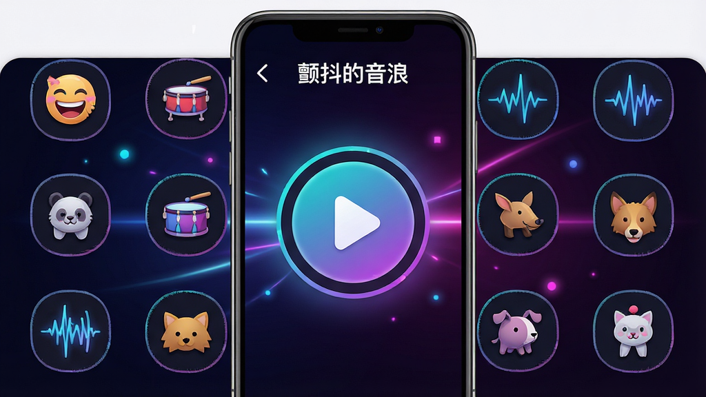 一张展示手机屏幕的图片,屏幕上打开着“颤抖的音浪”软件主界面,界面中央有醒目的大号音效播放按钮,四周环绕着各种音效图标如笑声、鼓点、电流声、动物叫声等,背景是深色渐变搭配霓虹光效,整体风格现代动感,细节清晰,画质干净,无多余元素
