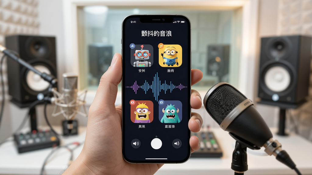 一部手机被手持对着麦克风说话,手机屏幕显示“颤抖的音浪”变声界面,屏幕上有多个声音滤镜图标如机器人、小黄人、怪兽等,声波可视化效果在屏幕上跳动,背景是明亮的录音室风格,光线柔和,画质细腻,干净无杂乱元素