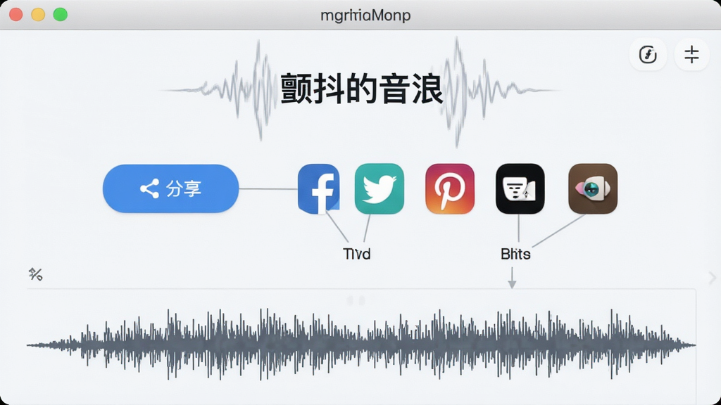 一张展示“颤抖的音浪”软件作品导出界面的图片,屏幕上有分享按钮指向多个社交平台图标,下方有音频波形图,背景是简约的浅色UI风格,细节清晰,画质干净,无多余装饰元素