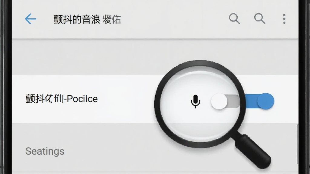 一部安卓手机屏幕上显示“颤抖的音浪”软件的权限设置界面,旁边有放大镜图标指向麦克风权限开关,背景是浅灰色系统设置页面风格,画面干净整洁,画质清晰,无多余元素