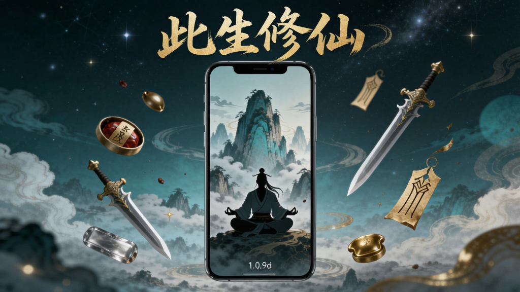 画面中央竖排展示一款手机,手机屏幕中呈现出云雾缭绕的仙山与一位盘膝打坐的修士剪影,手机周围环绕着丹药、飞剑、灵符等修仙元素,顶部用金色书法字体写着“此生修仙”,底部有“1.0.9d”小字标注,整体色调以青蓝与暗金为主,背景是深邃星空与飘渺云海,风格为仙侠国风插画,画质细腻清晰,画面干净无多余元素