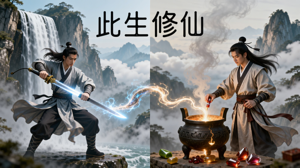画面采用左右分镜布局,左侧是一位修士在瀑布下挥剑修炼,右侧是一位修士在丹炉前炼制丹药,中间用一条发光的灵气纽带连接,画面顶部有“此生修仙”的篆体字样,背景是云海与远山,风格为东方玄幻插画,细节丰富,画质清晰,画面干净无杂乱元素