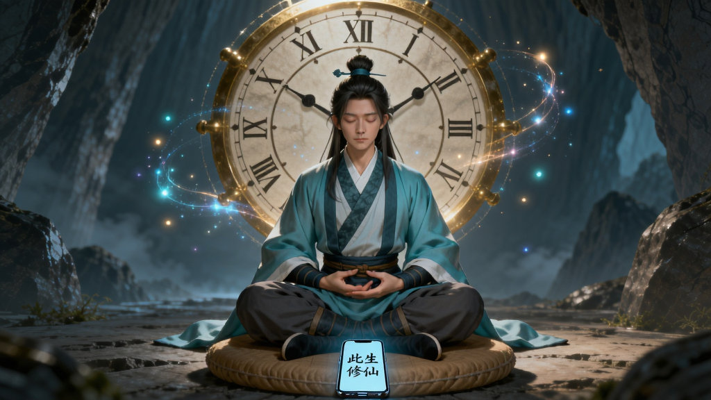 一位身穿青色道袍的修士闭目盘坐在蒲团之上,身后悬浮着一个巨大的金色时钟,时钟周围有灵气光点缓缓飘散,修士面前放着一部手机,手机屏幕亮着显示“此生修仙”四个字,整体构图以修士为中心,背景是幽静的山洞与石壁,风格为唯美仙侠数字绘画,画质高清,画面干净整洁