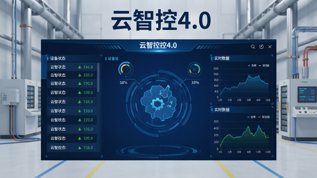 一张展示云智控4.0软件主界面的预览图,画面中央为深蓝色科技感仪表盘布局,左侧显示设备在线状态列表,右侧展示实时数据曲线图,顶部带有'云智控4.0'文字标识,背景为简洁的工业物联网风格,整体色调以蓝灰为主,画质清晰干净,无多余元素