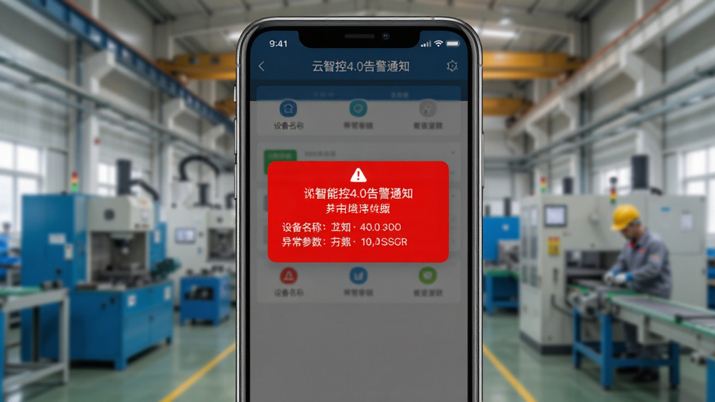 一张展示云智控4.0告警通知界面的图片,画面中一部手机屏幕显示红色告警弹窗,内容包含设备名称与异常参数,背景为模糊的工厂车间场景,手机边框清晰,风格写实,画质干净,突出告警信息的紧迫感