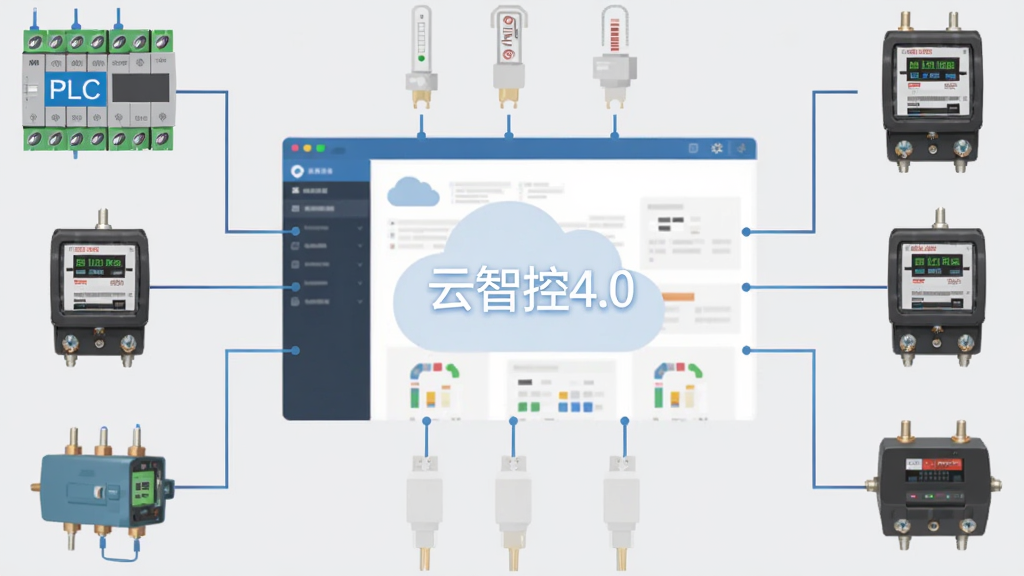 一张描绘云智控4.0连接多种工业设备的示意图,画面以软件界面为中心,四周用线条连接着PLC控制器、温度传感器、智能电表等设备图标,中心位置标注'云智控4.0'字样,风格为扁平化科技插画,背景为浅灰色,细节清晰,画质干净