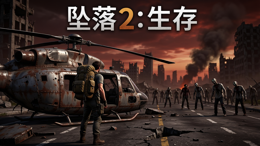 手机游戏《坠落2:生存》末日废土场景,画面中央一名背着登山包的幸存者站在坠毁的直升机残骸旁,远处是破败的城市废墟和游荡的僵尸群,天空呈现黄昏暗红色,主体在画面中心偏左,布局为横版游戏宣传图,排版上方留出游戏标题位置,风格为写实3D渲染,细节包含锈迹斑斑的金属、破碎的柏油路面、远处升起的浓烟,画质4K,干净,无多余元素