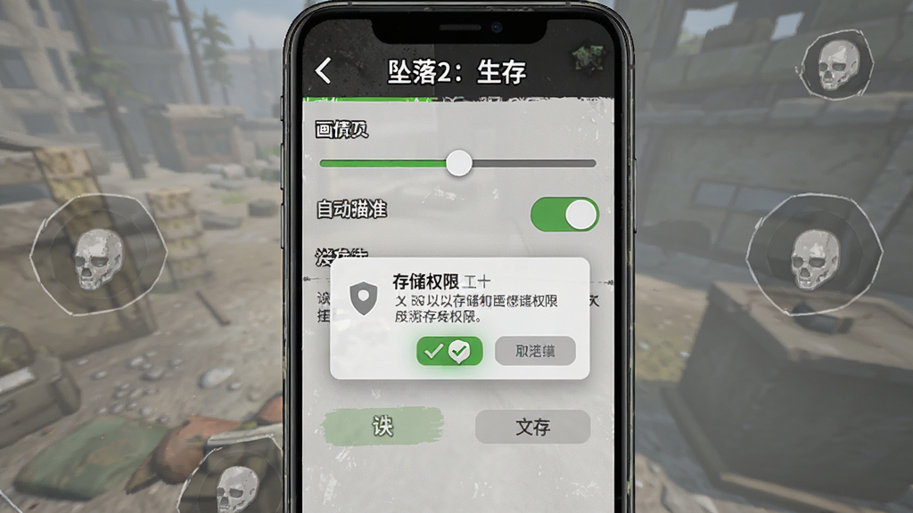 手机屏幕显示《坠落2:生存》游戏设置界面,画面中有画质调节滑块、自动瞄准开关、存储权限提示弹窗,主体为游戏UI截图风格,布局为竖屏手机界面排版,风格为末日生存游戏设置菜单,细节包含中文选项文字、绿色确认按钮、灰色取消按钮,画质清晰,干净,无多余元素