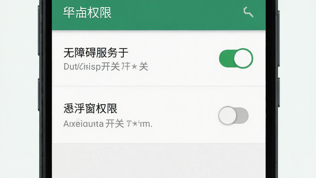 一幅手机权限设置界面的示意图,画面主体为手机屏幕,屏幕上显示无障碍服务开关和悬浮窗权限选项,布局为列表式,风格为安卓原生设置界面,细节包括绿色开启状态与灰色关闭状态对比,画质清晰干净,背景为浅色,无多余元素