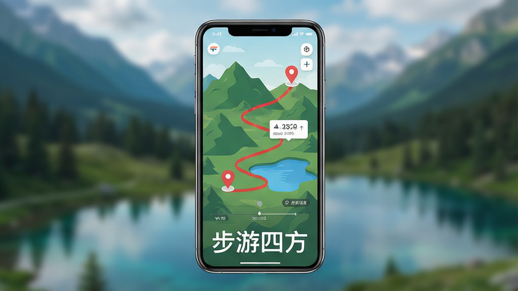 画面中央一部智能手机竖屏展示,屏幕内是步游四方APP的主界面,界面显示一条蜿蜒的红色轨迹线穿过绿色山脉与蓝色湖泊,底部有“步游四方”四个白色大字,背景为虚化的自然风景,布局简洁居中,风格为现代扁平化UI设计,细节包括轨迹线上的定位图标、海拔数据小卡片、时间轴标签,画质高清,干净,无多余元素
