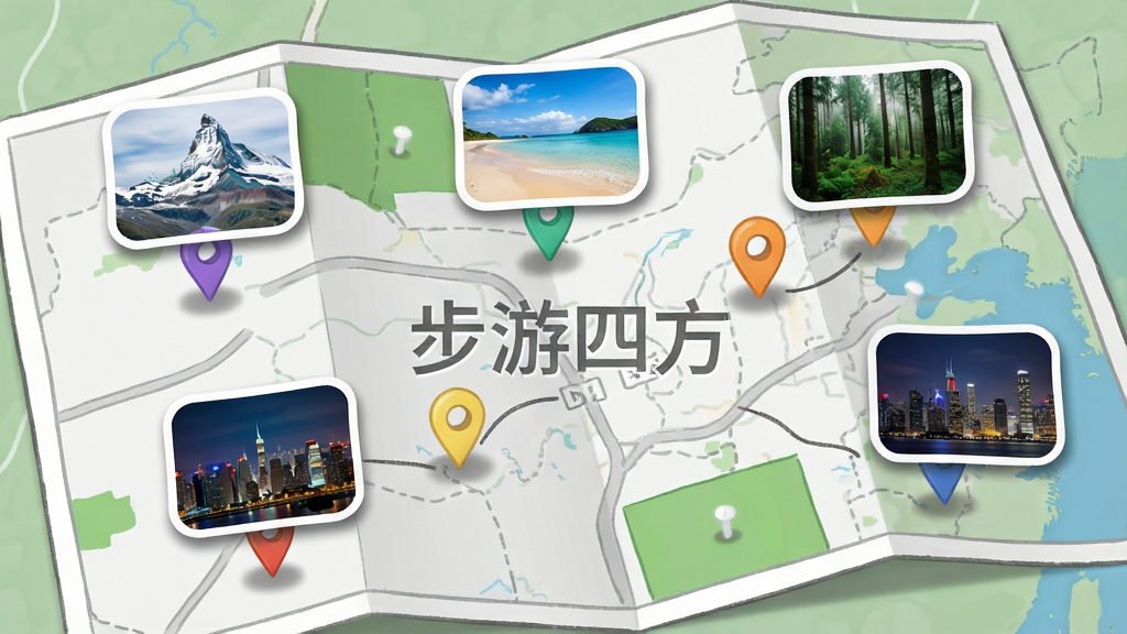 画面为一张展开的电子地图,地图上分布着多个彩色照片图钉,每个图钉旁悬浮一张小尺寸风景照片,照片内容分别为雪山、海滩、森林、城市夜景,地图背景为浅灰色道路与绿色地块,中央有“步游四方”半透明水印,布局采用散点式分布,风格为清新手绘地图风,细节包括图钉阴影、照片圆角边框、连接线,画质高清,干净,无多余元素