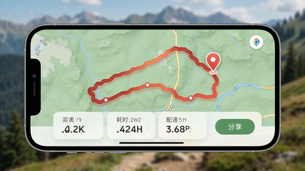 画面为一部手机横屏展示步游四方轨迹记录详情页,屏幕内显示地图上的红色轨迹线与起点终点图标,下方有数据面板展示距离、耗时、配速,背景为户外山野虚化照片,布局为手机居中,风格为户外运动风,细节包括轨迹线渐变、数据卡片圆角、分享按钮,画质高清,干净,无多余元素