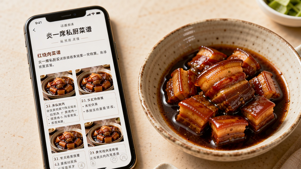 炎一席私厨菜谱详情页面,手机屏幕展示红烧肉菜谱的图文步骤,屏幕旁放置一碗做好的红烧肉,整体布局为左侧手机右侧菜品,风格温馨写实,细节包括菜谱文字与菜品光泽,画质高清,干净,无多余元素