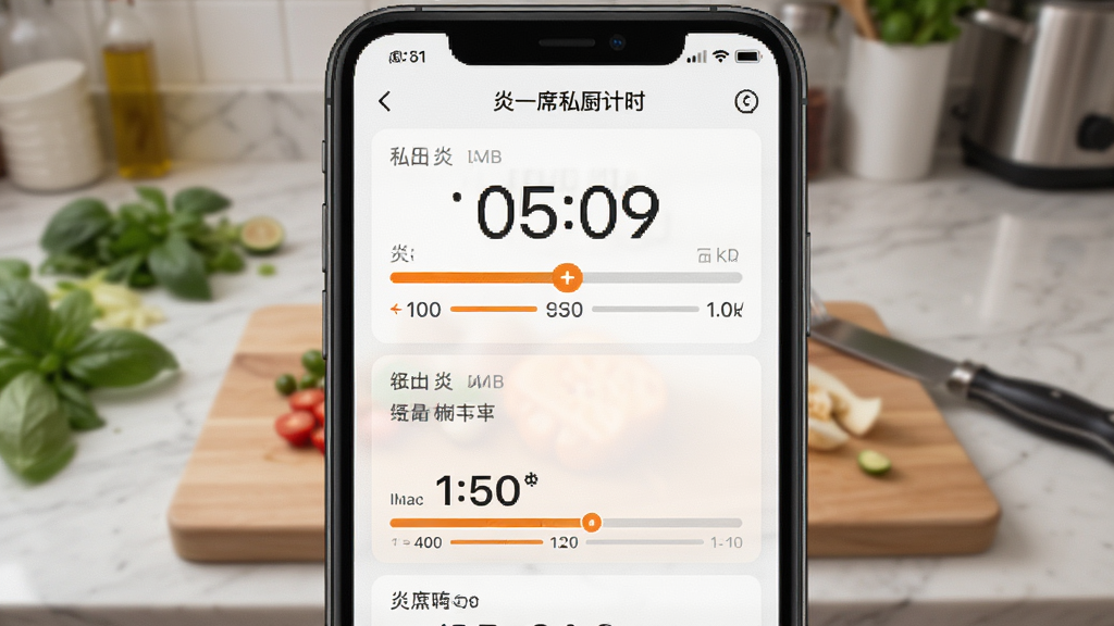炎一席私厨计时功能界面,手机屏幕显示多个计时器同时运行,背景为厨房台面,布局为居中手机特写,风格简洁实用,细节包括计时数字与进度条,画质高清,干净,无多余元素