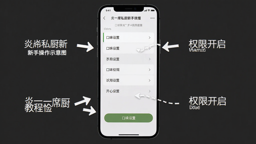 炎一席私厨新手操作示意图,手机屏幕展示口味设置与权限开启界面,旁边有指示箭头与文字标注,布局为手机居中加标注,风格教程图解,细节包括设置选项与箭头,画质高清,干净,无多余元素