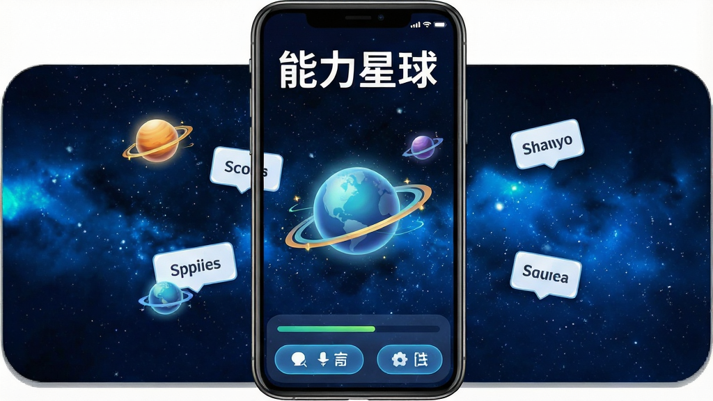 一张展示能力星球主界面的手机应用截图,画面中央是深蓝色星空背景,上面漂浮着发光的知识星球和单词卡片,顶部有白色标题“能力星球”,底部有学习进度条和功能按钮,整体风格科技感与教育感结合,细节清晰,画质干净,无多余元素