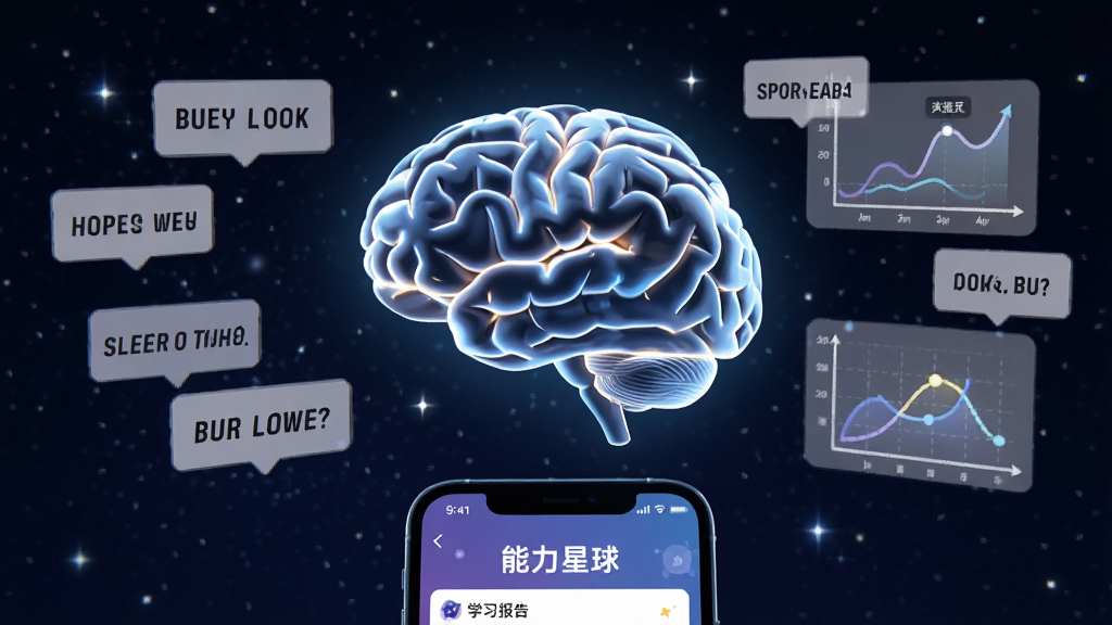 一个发光的数字大脑悬浮在星空中央,周围环绕着英文单词卡片和记忆曲线图表,画面下方有手机屏幕显示“能力星球”学习报告,风格简洁科技,细节丰富,画质清晰,无多余元素