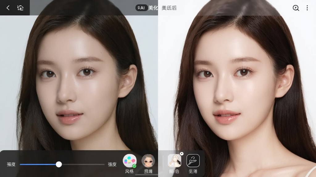PS美图AI修图界面展示AI一键美化前后对比,左侧为原图,右侧为美化后的人像,皮肤光滑自然,五官立体,界面有强度调节滑块和预设风格图标,风格柔和明亮,画质干净