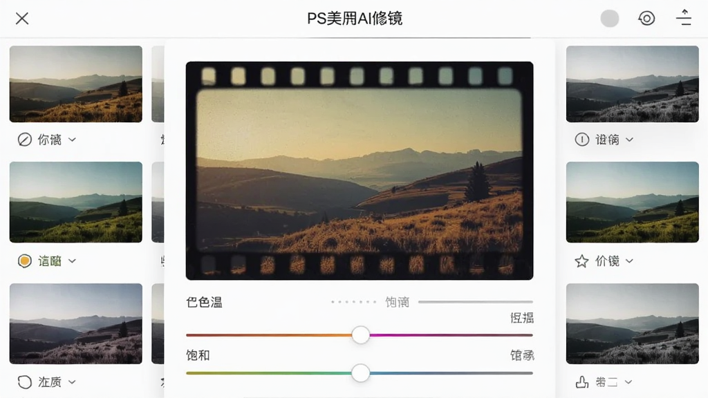 PS美图AI修图滤镜选择界面,屏幕上排列着多款不同风格的滤镜缩略图,中间一张风景照片正在应用复古胶片滤镜,下方有色温、饱和度等调色滑块,风格时尚简洁,画质干净