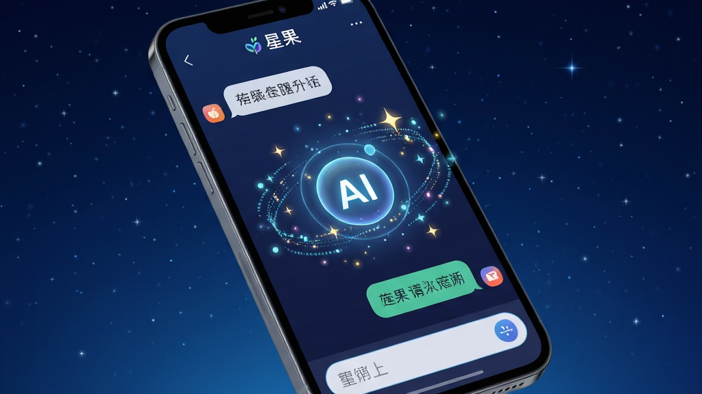 画面主体为一部智能手机,屏幕上显示“星果”APP的聊天交互界面,界面中央有一个发光的圆形AI图标,周围环绕着数据流和星光点点的粒子特效。布局采用居中构图,手机略微倾斜展示。排版简洁,背景为深蓝色渐变星空。风格为科技感与未来感融合。细节包括屏幕上的对话气泡、功能按钮和底部输入框。画质高清,画面干净,无多余元素。