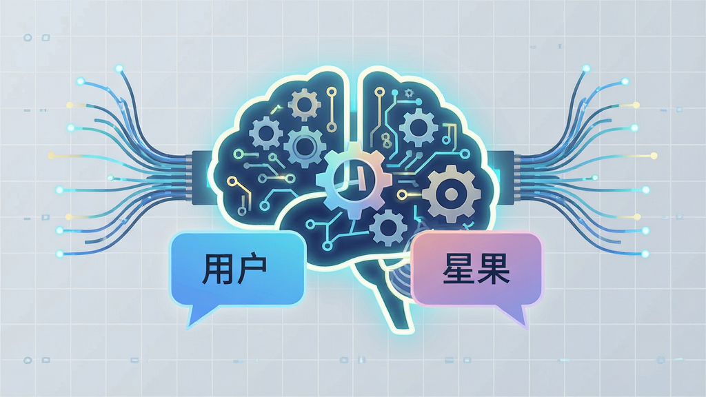 画面主体是一个发光的AI大脑轮廓,内部有齿轮和电路纹理,大脑前方有两个对话气泡,分别标有“用户”和“星果”字样。布局为左右对称,大脑居中。排版干净,背景为浅灰色科技网格。风格为扁平化插画。细节包括连接大脑与气泡的光纤线条。画质高清,画面干净,无多余元素。