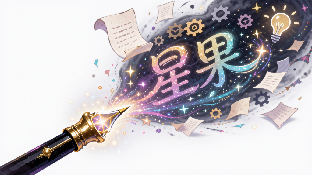 画面主体是一支发光的魔法笔,笔尖流淌出彩色的文字和图案,文字内容显示“星果”二字。布局为对角线构图,笔从左下方向右上方延伸。排版富有动感。风格为梦幻创意风格。细节包括飞舞的纸张、齿轮和灯泡图标。画质高清,画面干净,无多余元素。