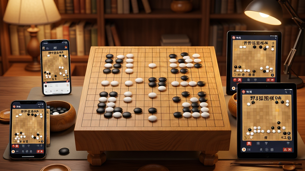 一幅展示野狐围棋软件主界面的场景图,画面中央是一块精致的木质围棋棋盘,黑白棋子错落有致,棋盘周围环绕着手机、平板等移动设备,屏幕上显示着野狐围棋的对弈界面,背景是温馨的书房环境,暖色调灯光,主体突出棋盘与设备,布局居中对称,风格写实细腻,细节丰富,画质高清,干净整洁,无多余元素