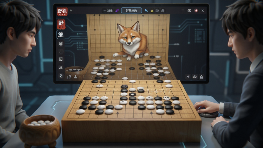 一张野狐围棋在线对弈界面的展示图,画面中两位棋手分别坐在棋盘两侧,中间是数字化围棋棋盘,屏幕上显示着野狐围棋的对局画面,棋局激烈,棋子密集,主体清晰,布局左右对称,风格现代科技感,细节精致,画质高清,干净无多余元素