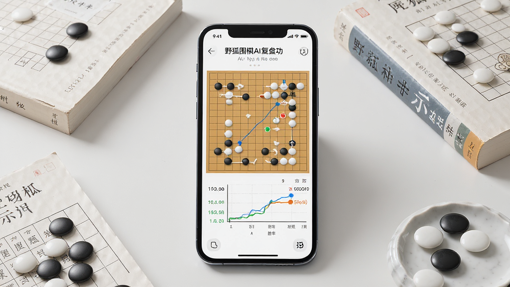 一幅展示野狐围棋AI复盘功能的示意图,画面中一部手机屏幕显示着围棋棋盘和AI分析数据,胜率曲线和推荐选点清晰可见,周围散落着围棋书籍和棋子,主体是手机屏幕,布局居中,风格简约专业,细节丰富,画质高清,干净无多余元素