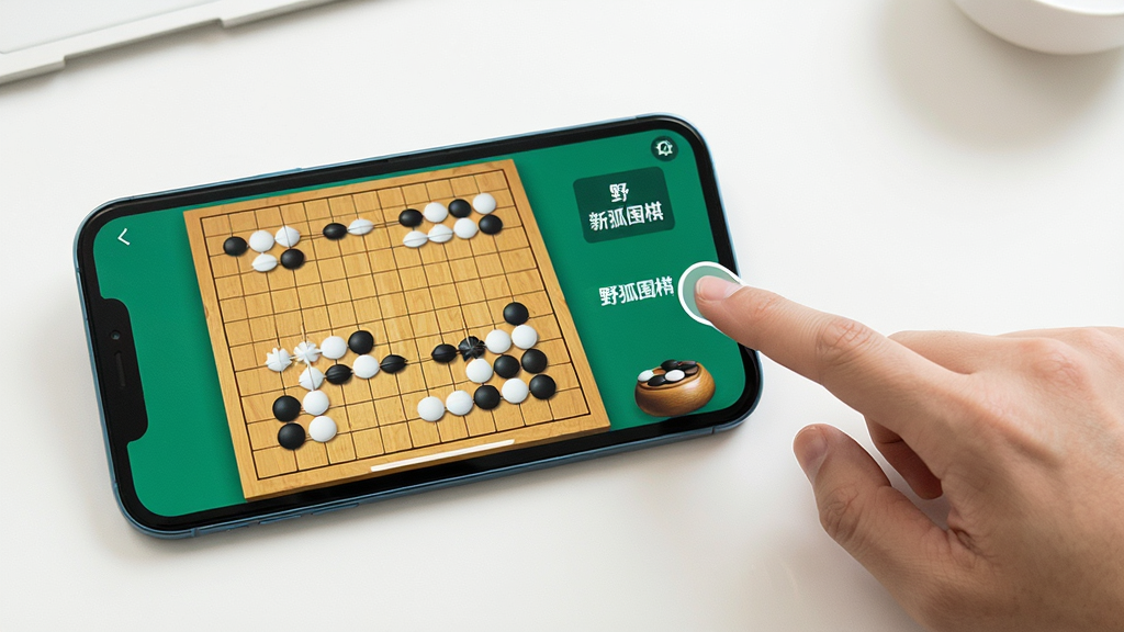一幅野狐围棋新手操作指引图,画面中一部手机横屏显示围棋对局界面,旁边有手指点击屏幕的示意动作,背景是简洁的桌面,主体是手机和手部动作,布局左侧手机右侧手势,风格清新明快,细节清晰,画质高清,干净无多余元素