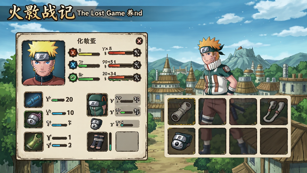 火影战记 : The Lost Game养成界面,画面中展示角色属性面板和装备栏,背景为木叶村远景,风格为日系动漫,细节包括装备图标和属性数值,画质清晰,干净整洁。