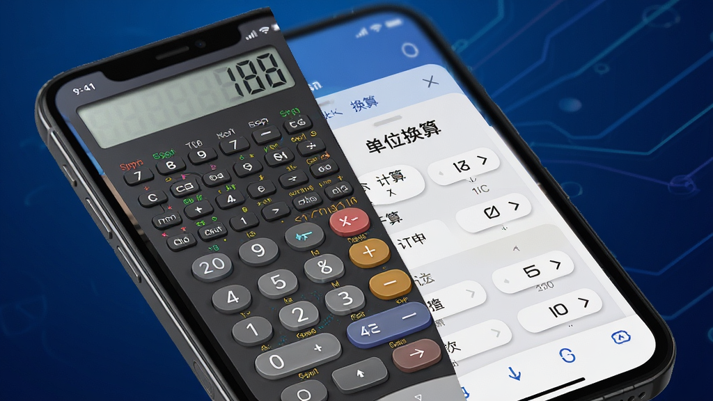 超实用计算器 功能界面展示,主体为手机屏幕特写,屏幕上同时展示科学计算器面板与单位换算界面,布局为左右分屏对比,排版整齐,风格为科技感UI设计,细节上按钮带有轻微立体阴影效果,背景为深蓝色渐变,画质高清,干净,无多余元素