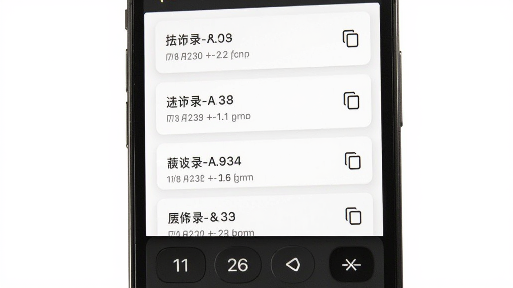 超实用计算器 历史记录功能展示,主体为手机屏幕,屏幕上显示计算历史列表,布局为垂直滚动列表样式,排版清晰,风格为简约卡片式设计,细节上每条记录右侧有复制图标,背景为纯白色,画质高清,干净,无多余元素
