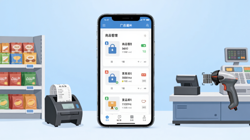 门店通软件系统主界面展示,画面中央放置一部智能手机,屏幕显示门店通软件系统的商品管理页面,背景为简洁的浅蓝色渐变,左侧摆放超市货架和小票打印机,右侧有收银台和扫码枪,整体风格为现代扁平化设计,排版干净整洁,细节清晰,画质高清,无多余元素