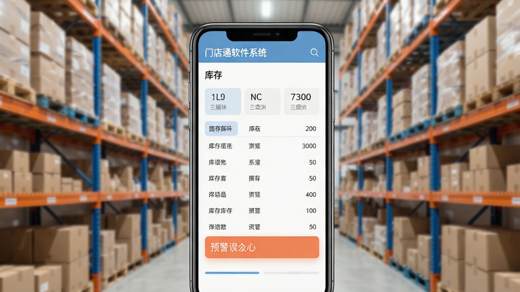 门店通软件系统库存管理页面,手机屏幕展示库存列表和预警提示,背景为仓库货架场景,风格清新浅色,排版规整,细节清晰,画质高清,无多余元素