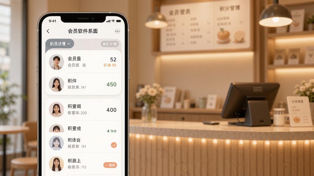 门店通软件系统会员管理界面,手机屏幕显示会员列表和积分详情,背景为温馨的店铺前台,风格柔和圆角,排版美观,细节丰富,画质高清,无多余元素