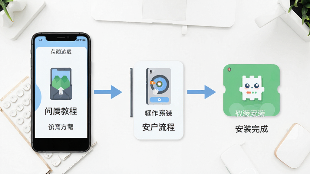 门店通软件系统安装教程示意图,画面展示手机屏幕从下载到安装完成的步骤流程,背景为简洁的白色桌面,风格扁平化设计,排版清晰有序,细节明确,画质高清,无多余元素