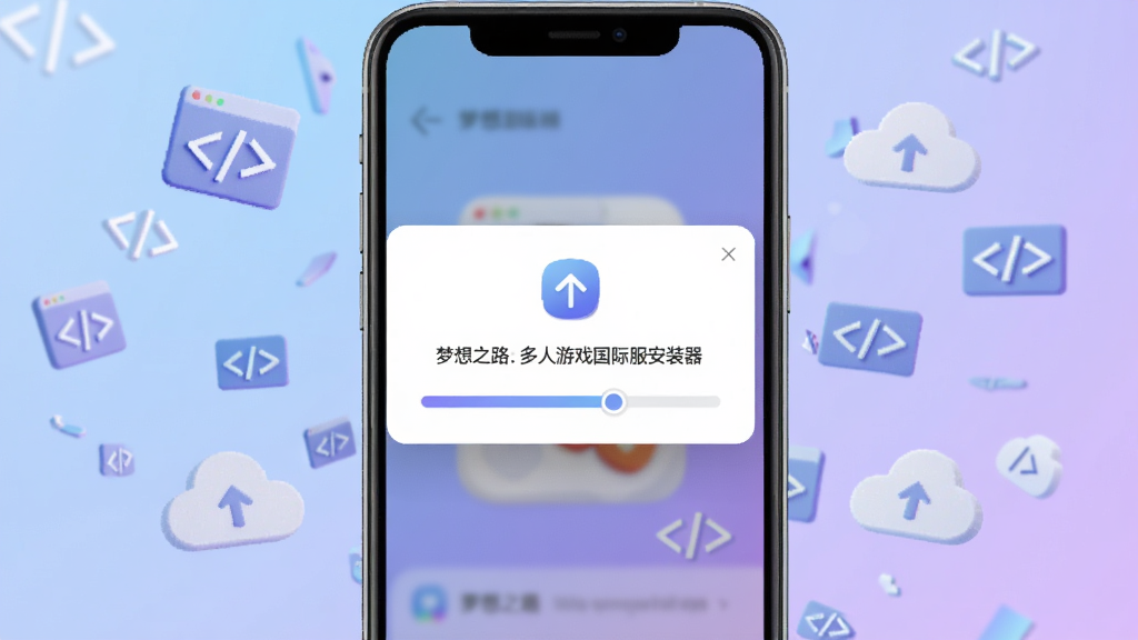画面展示一个软件更新界面,手机屏幕中央显示梦想之路:多人游戏国际服安装器的更新提示弹窗,弹窗内有一个向上的箭头图标和进度条,背景是柔和的蓝紫色渐变,画面四周有漂浮的代码碎片与云朵图标,风格清新明快,画质细腻,干净无多余元素